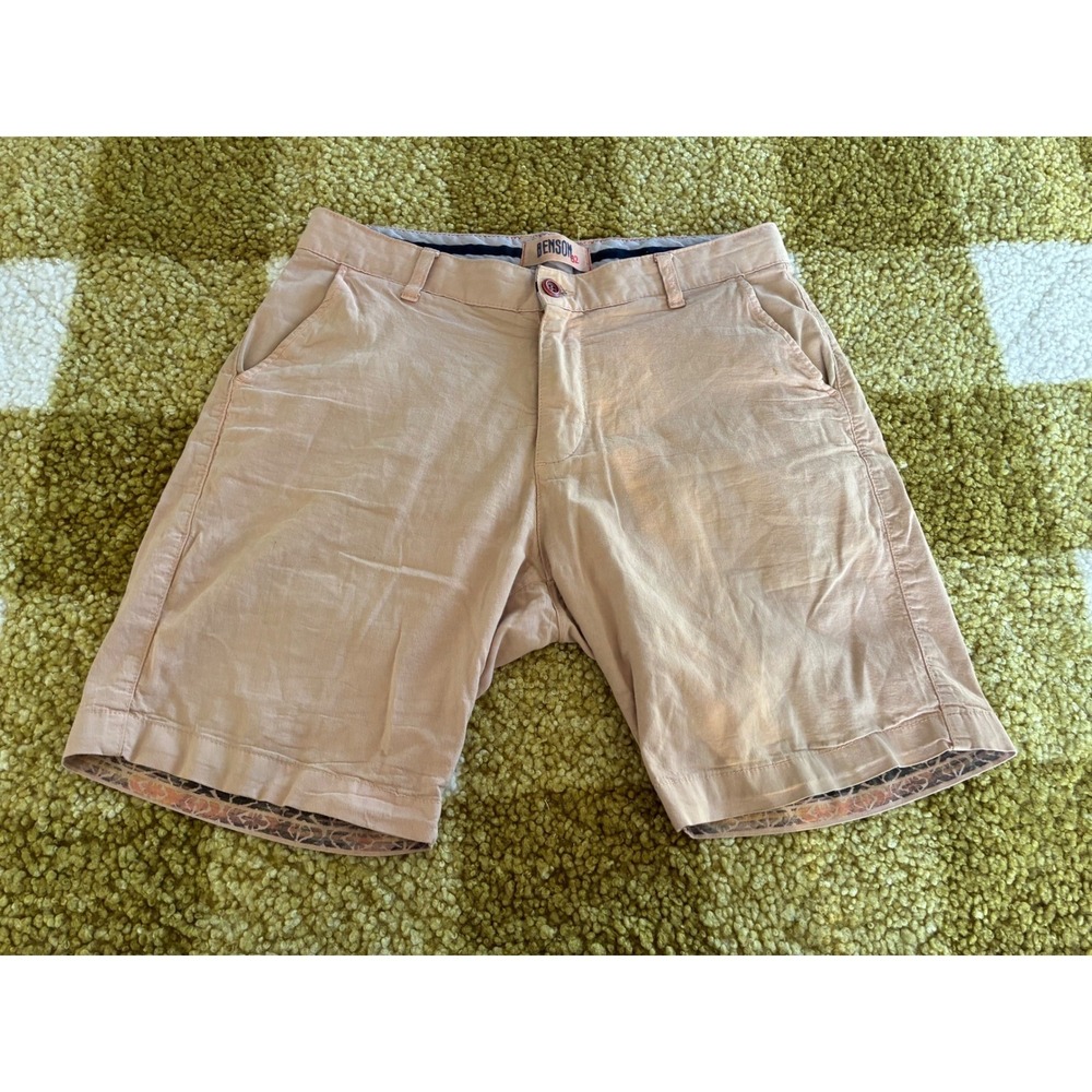 Benson‎ Mens Chino Shorts Size 32 Peach Salmon Pink Cotton Stretch Flat Front